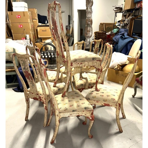 Set of 8 Painted Chippy Dining Chairs with Needlepoint Floral