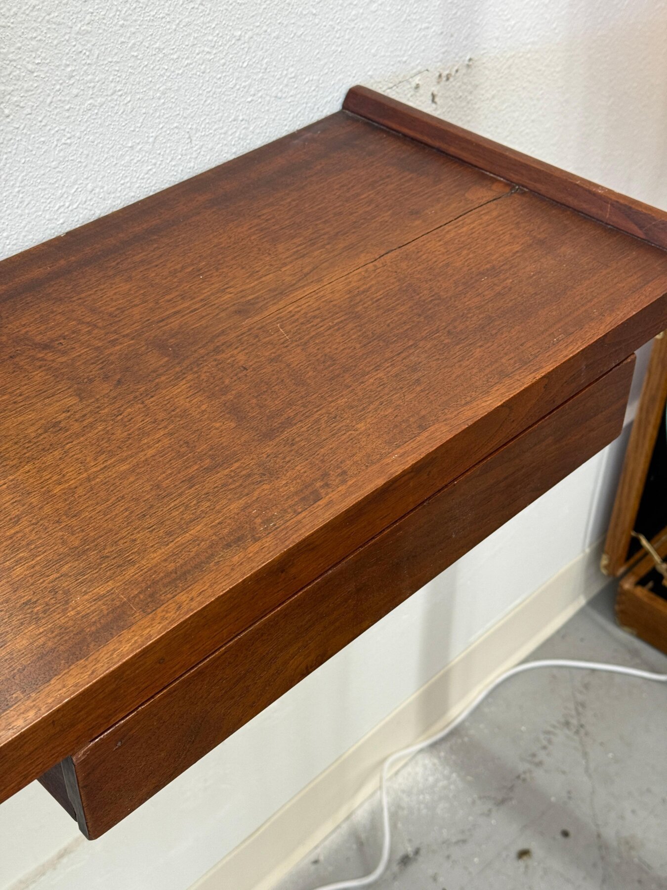 1970’s Craft Made Walnut Mirror and Wall Shelf with Drawer - Image 5