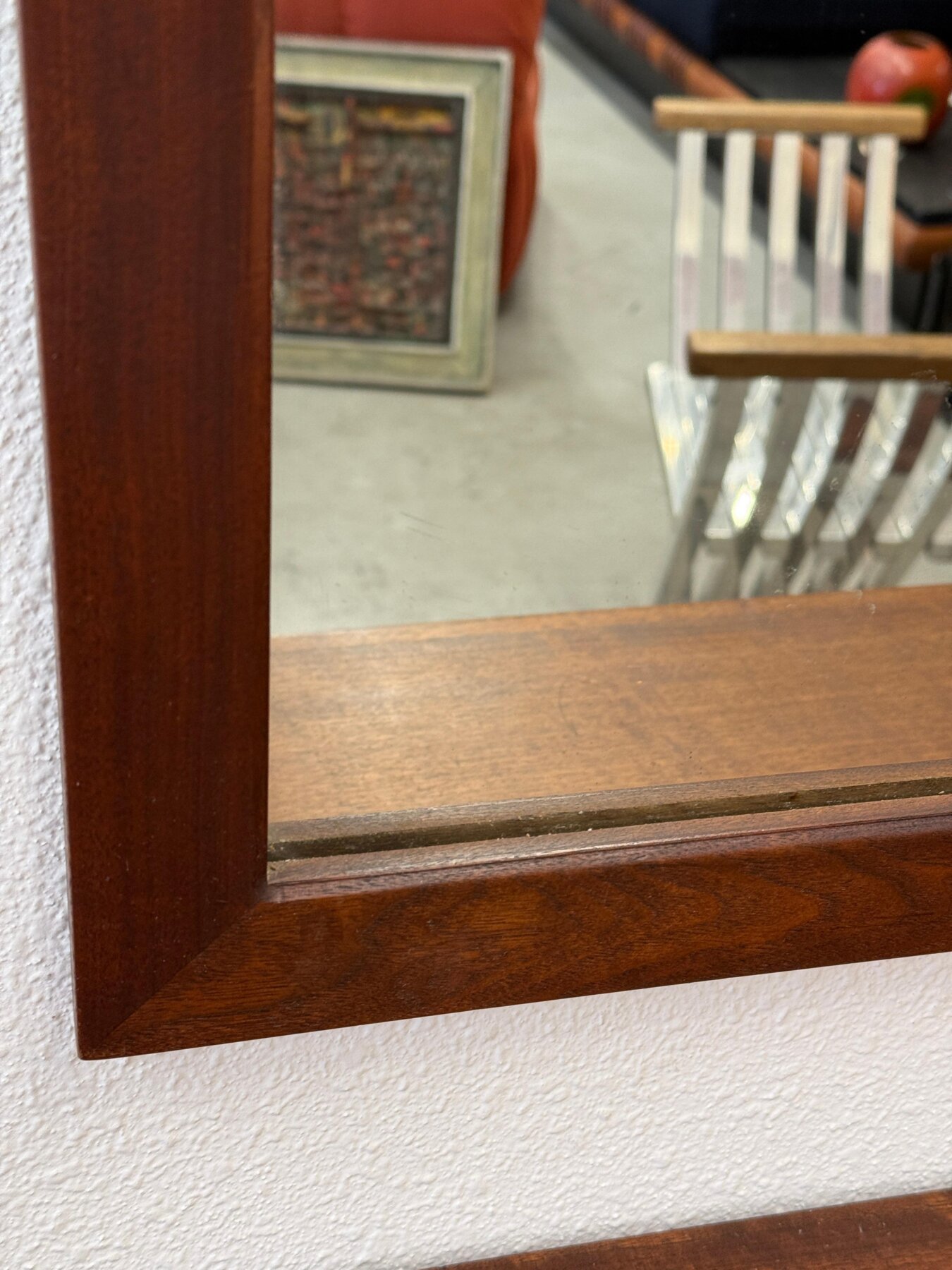 1970’s Craft Made Walnut Mirror and Wall Shelf with Drawer - Image 11