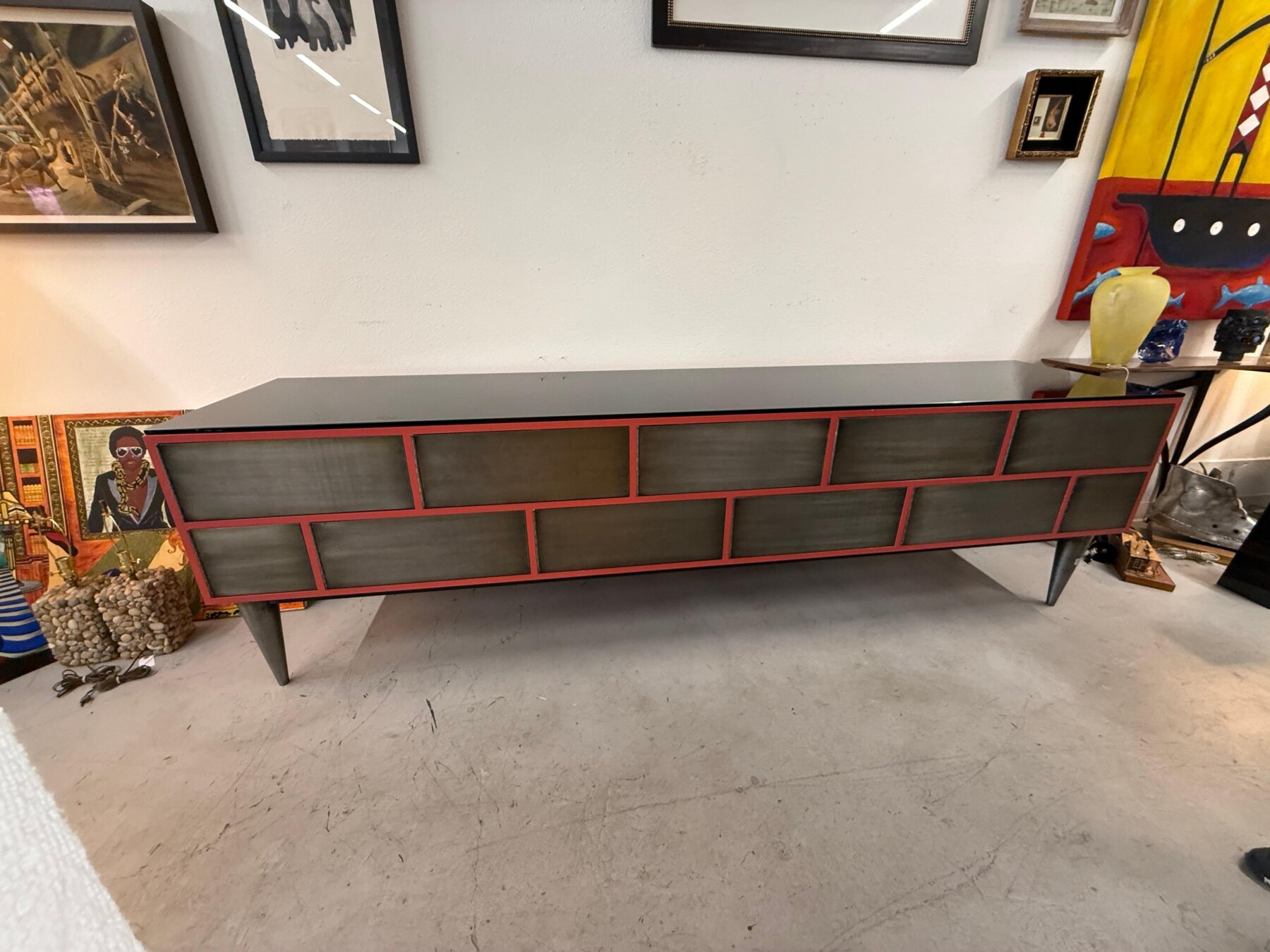 Custom 11 Drawer Credenza in Red with Brushed Steel Doors and Black Glass Top - Image 2