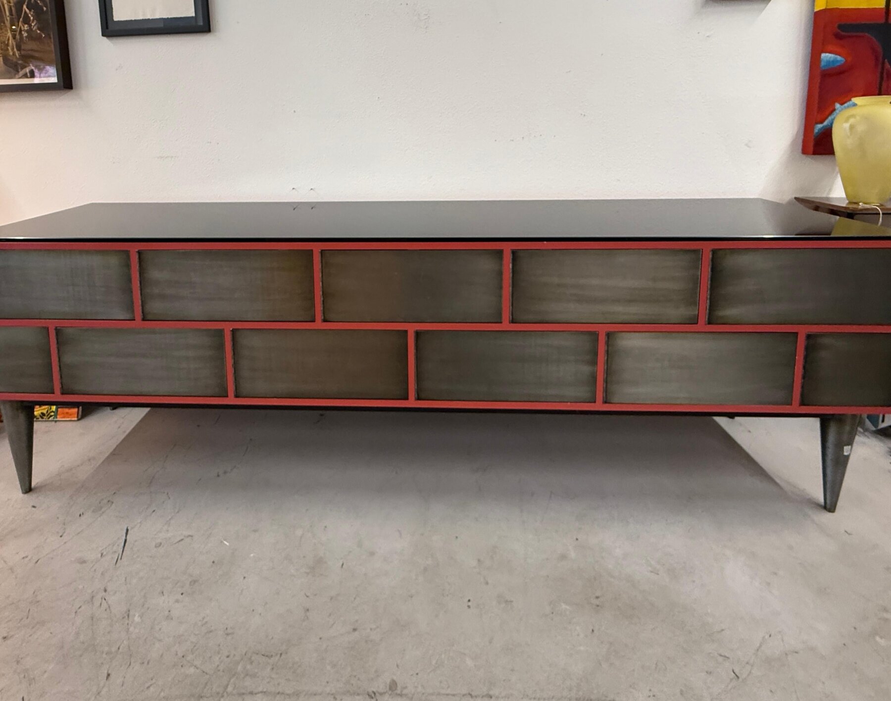 Custom 11 Drawer Credenza in Red with Brushed Steel Doors and Black Glass Top - Image 3