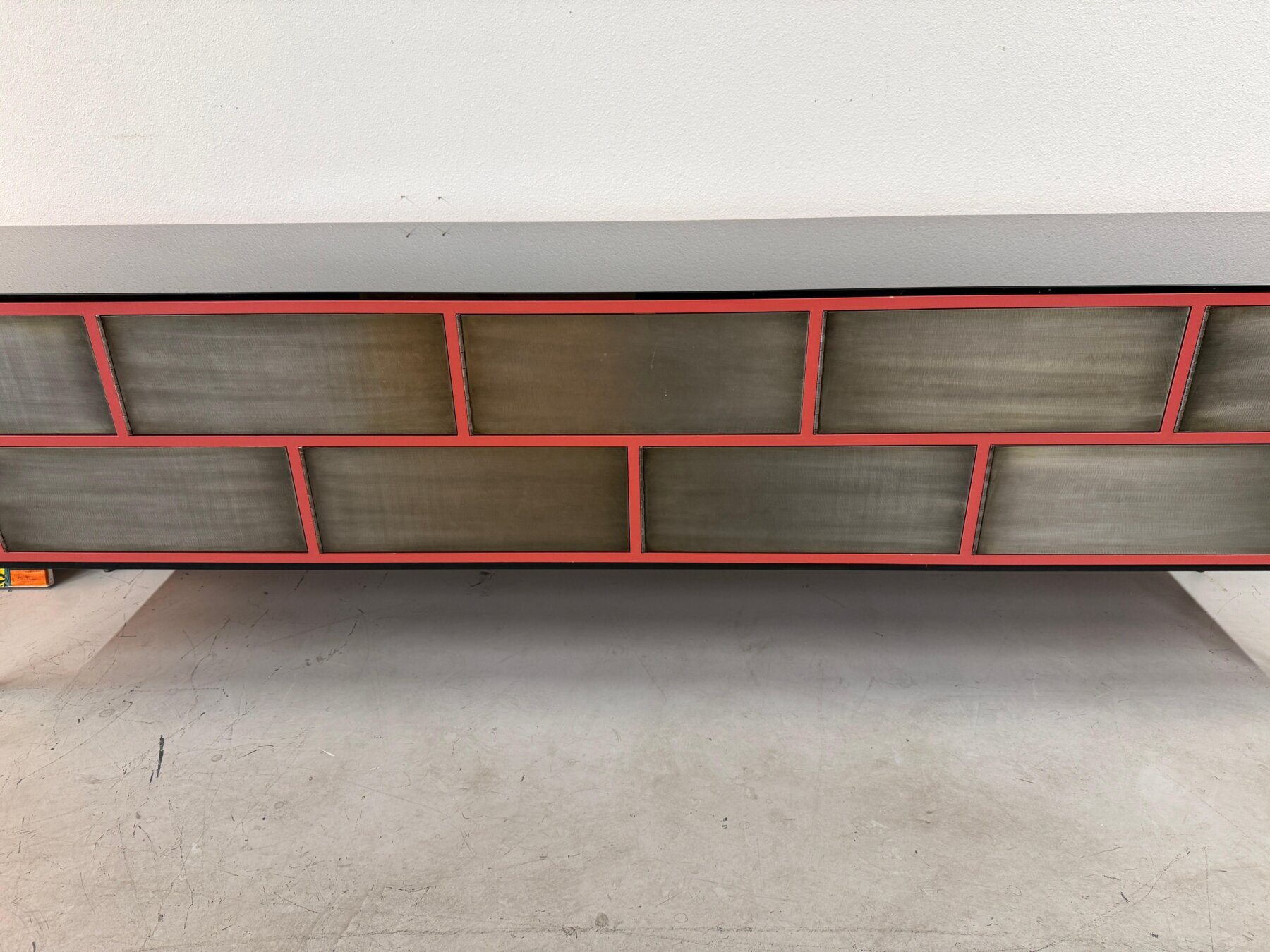 Custom 11 Drawer Credenza in Red with Brushed Steel Doors and Black Glass Top - Image 4
