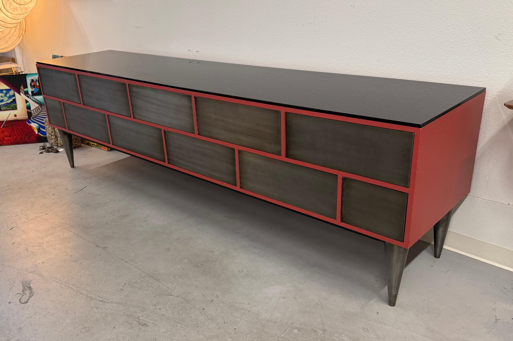 Custom 11 Drawer Credenza in Red with Brushed Steel Doors and Black Glass Top - Image 5