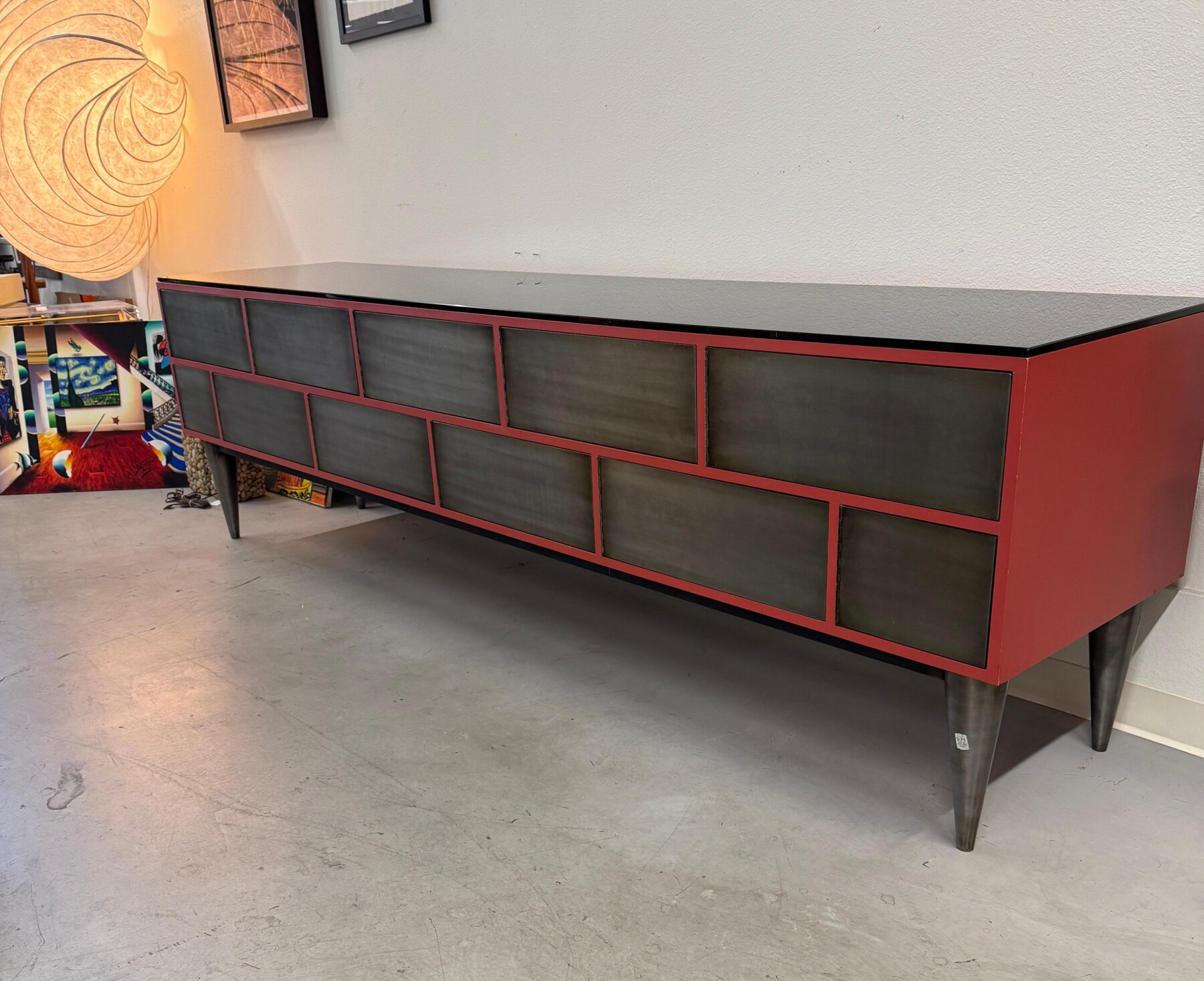 Custom 11 Drawer Credenza in Red with Brushed Steel Doors and Black Glass Top - Image 6