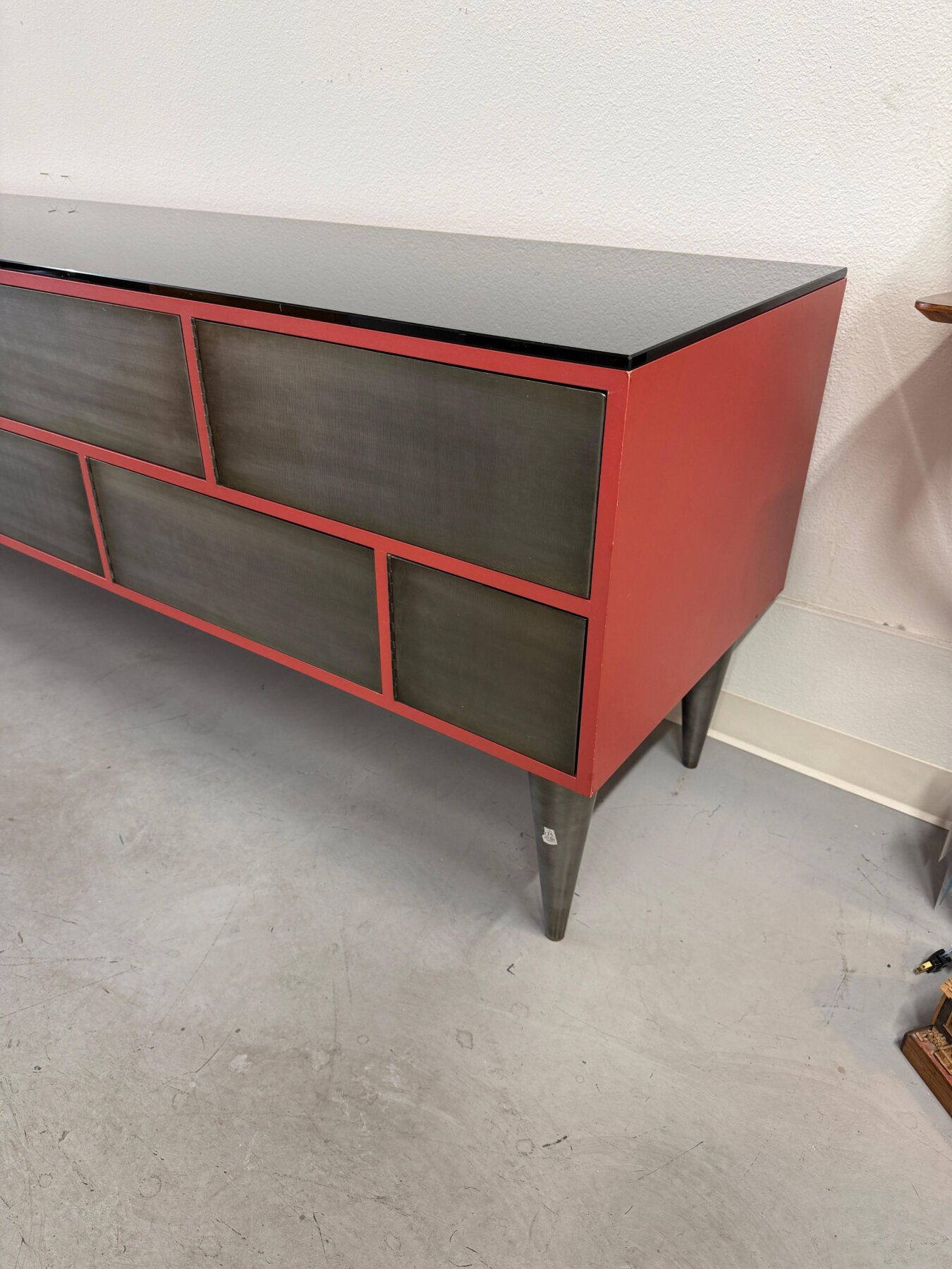 Custom 11 Drawer Credenza in Red with Brushed Steel Doors and Black Glass Top - Image 7