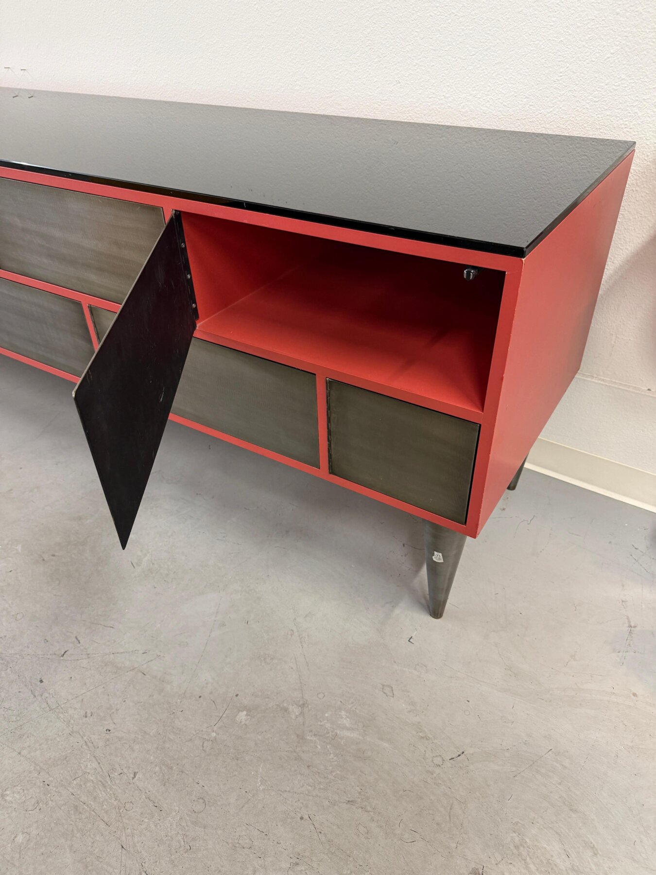 Custom 11 Drawer Credenza in Red with Brushed Steel Doors and Black Glass Top - Image 8