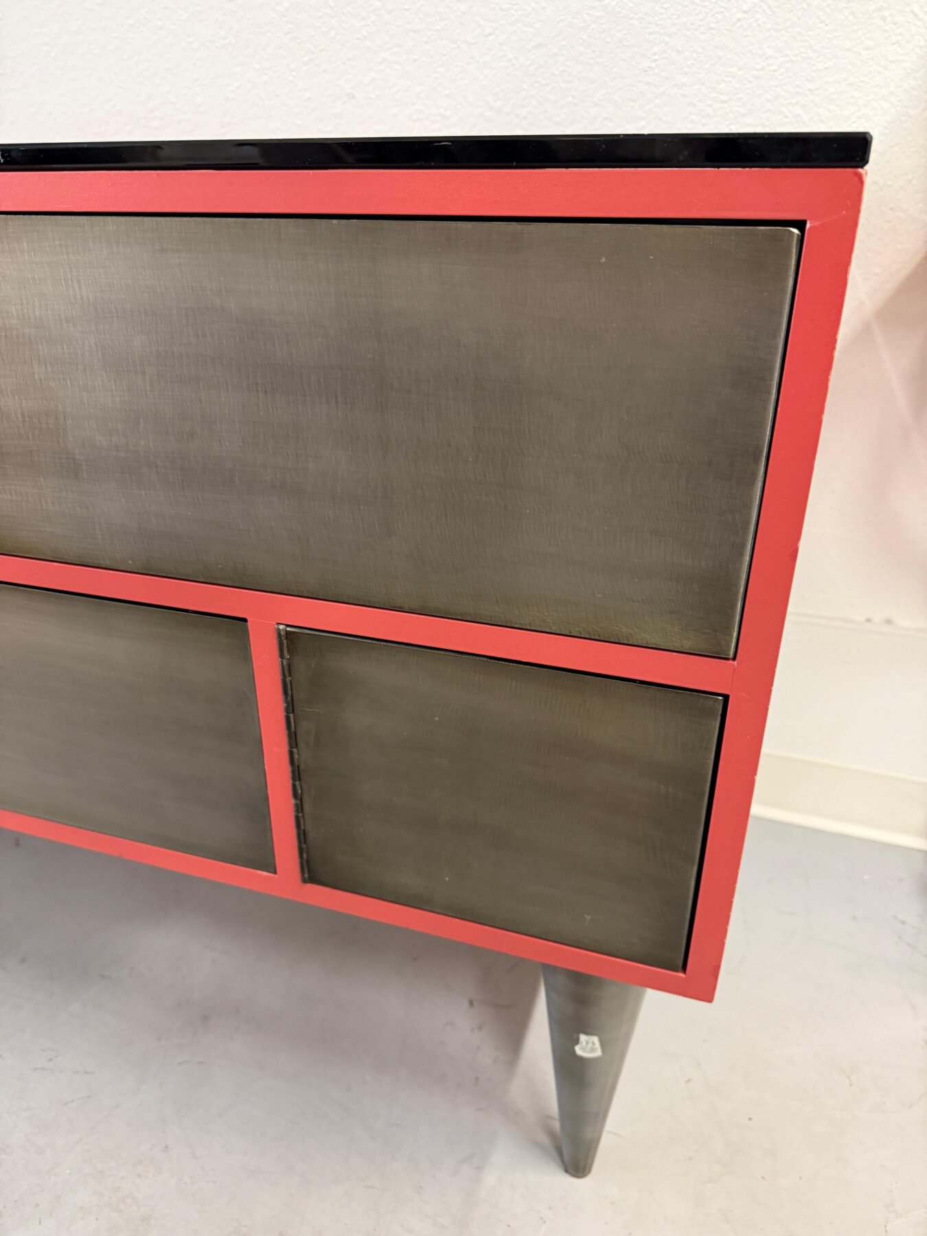 Custom 11 Drawer Credenza in Red with Brushed Steel Doors and Black Glass Top - Image 9