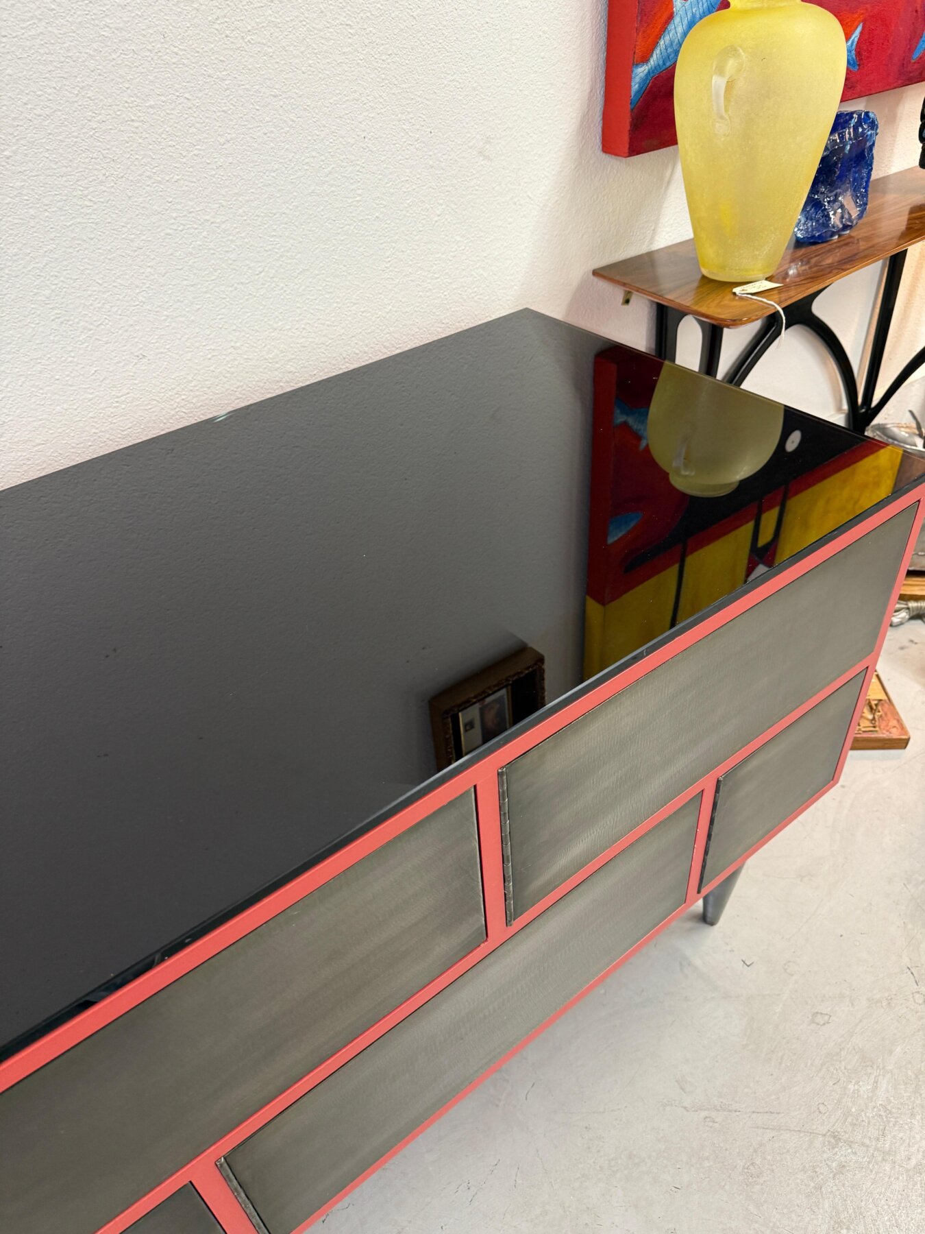 Custom 11 Drawer Credenza in Red with Brushed Steel Doors and Black Glass Top - Image 11