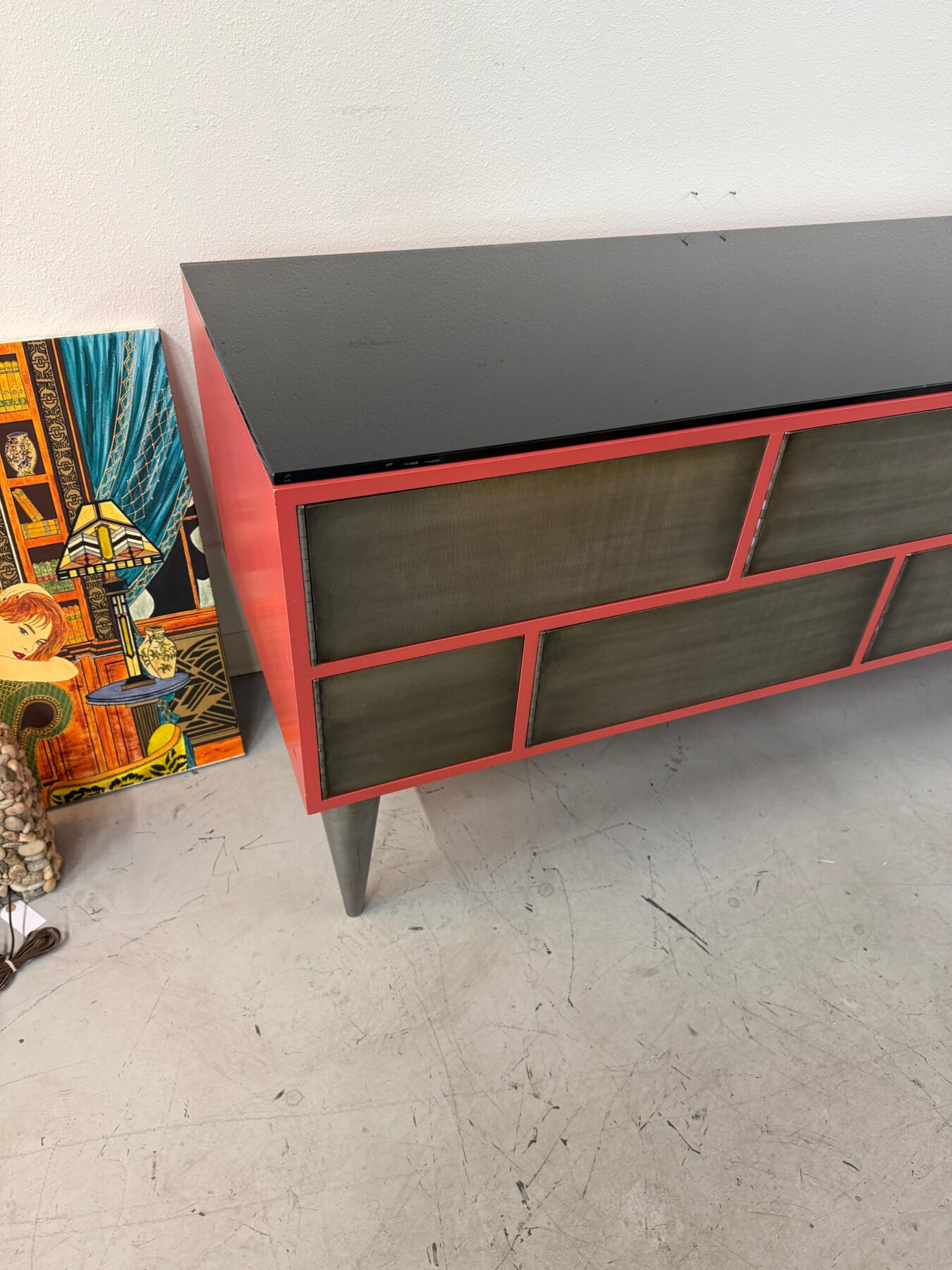 Custom 11 Drawer Credenza in Red with Brushed Steel Doors and Black Glass Top - Image 12