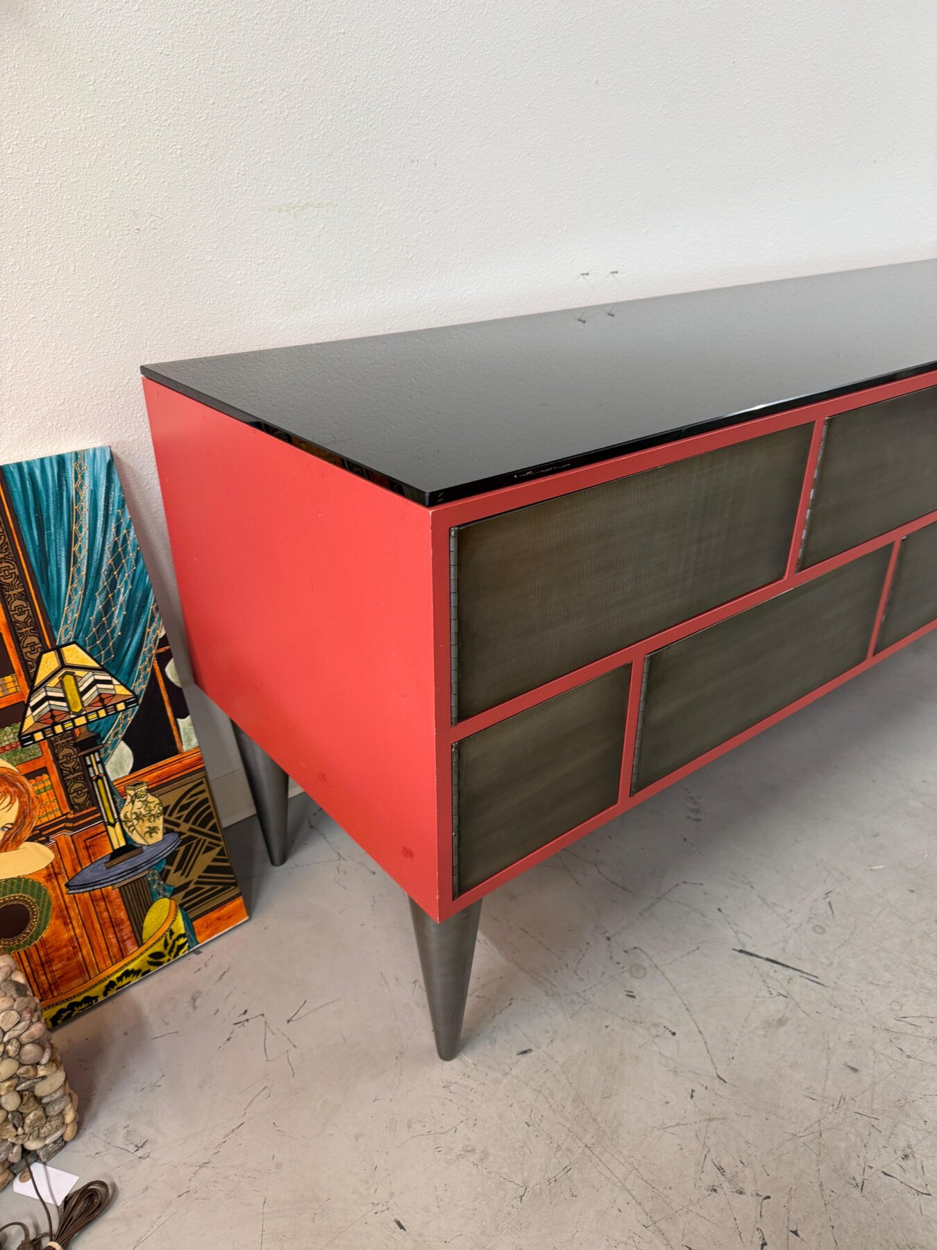 Custom 11 Drawer Credenza in Red with Brushed Steel Doors and Black Glass Top - Image 13
