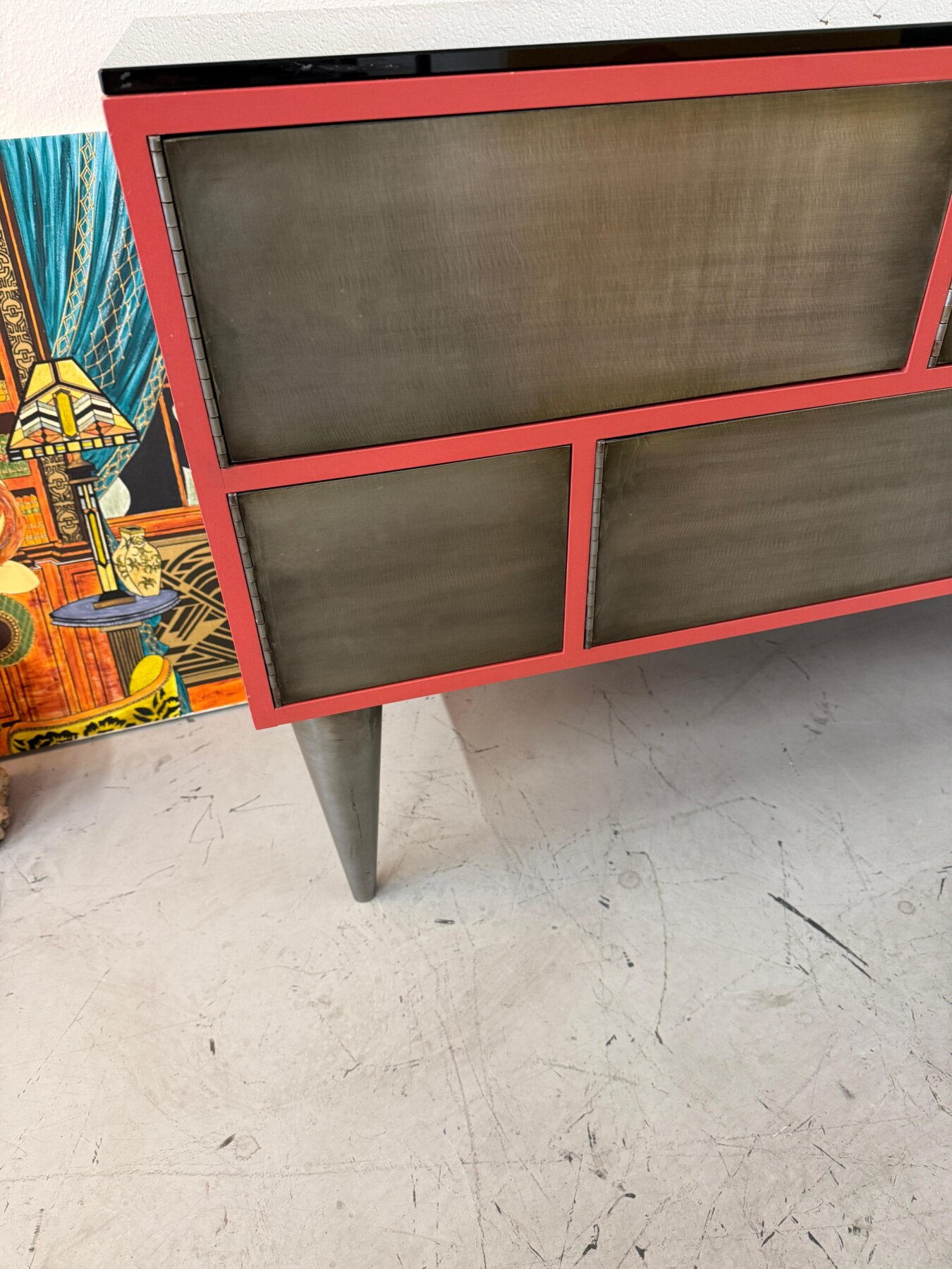 Custom 11 Drawer Credenza in Red with Brushed Steel Doors and Black Glass Top - Image 14