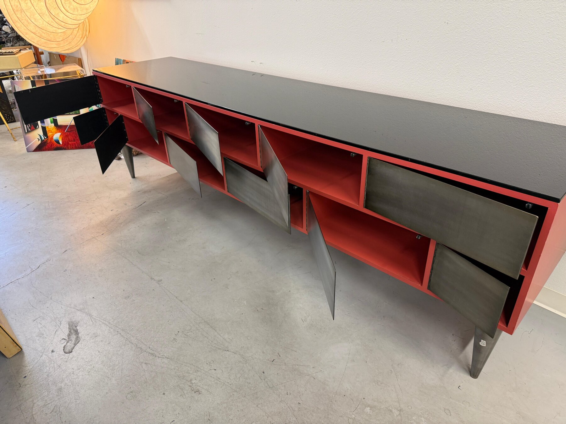 Custom 11 Drawer Credenza in Red with Brushed Steel Doors and Black Glass Top - Image 15