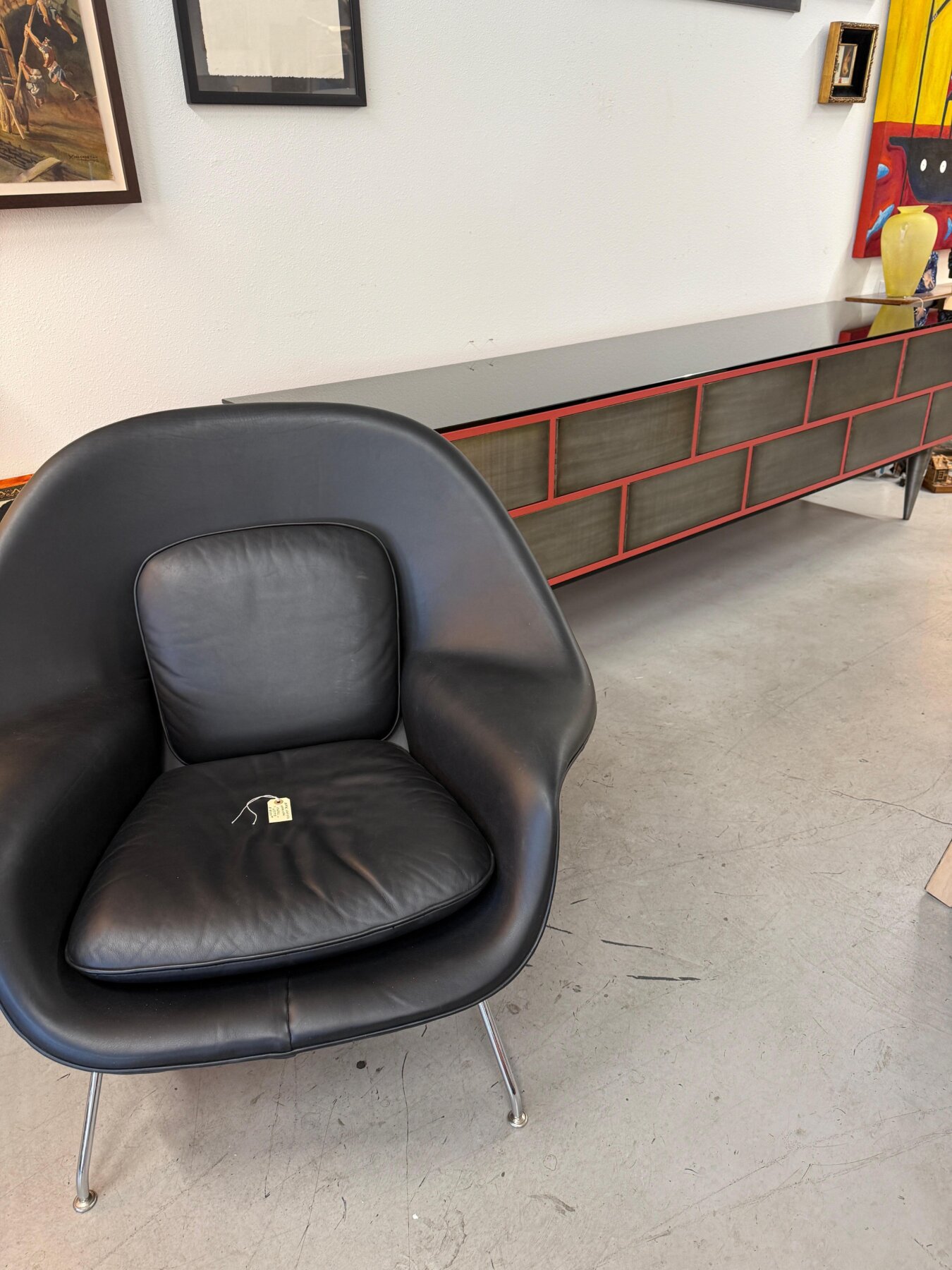 Custom 11 Drawer Credenza in Red with Brushed Steel Doors and Black Glass Top - Image 16
