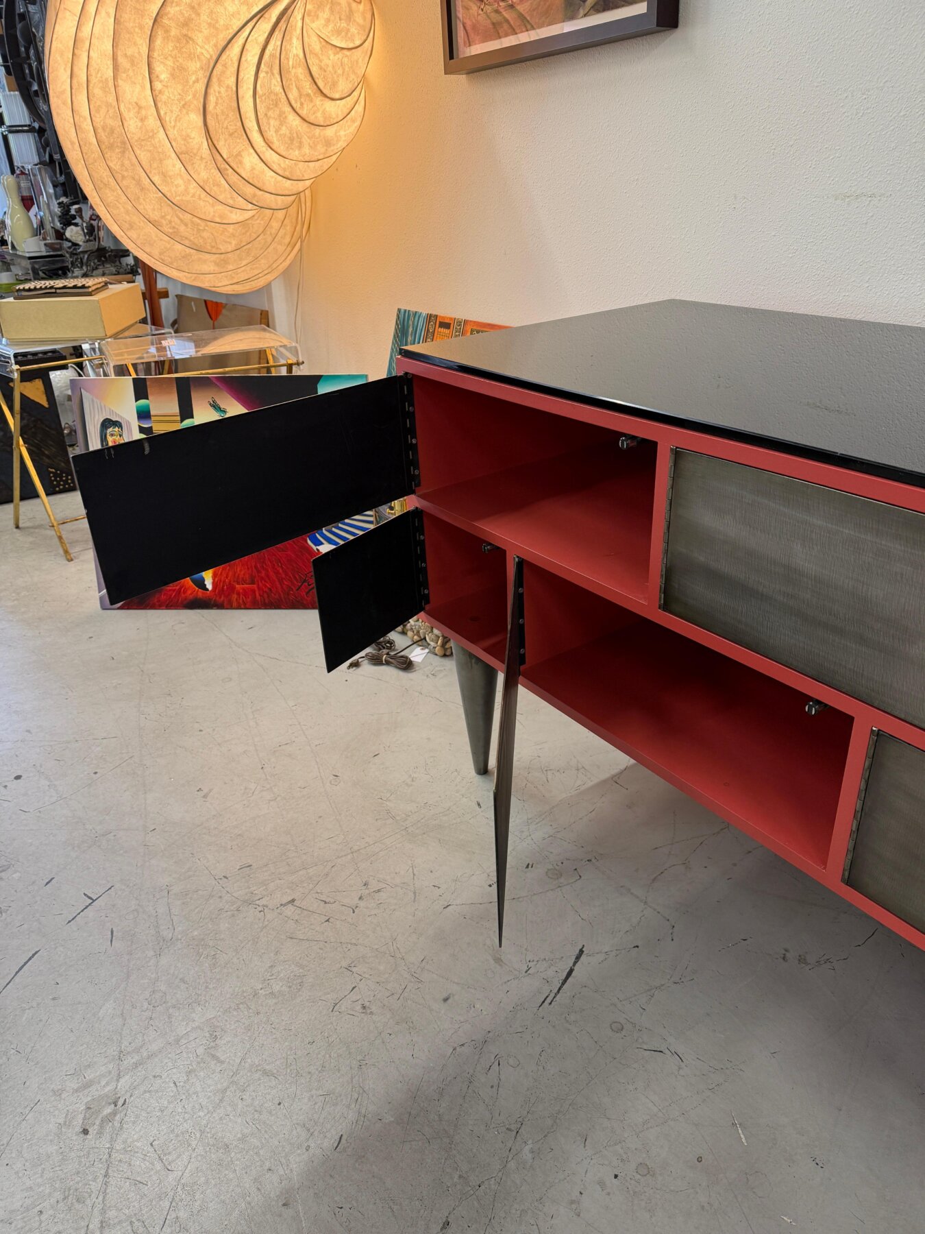 Custom 11 Drawer Credenza in Red with Brushed Steel Doors and Black Glass Top - Image 17