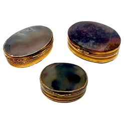 Set of 3 Victorian Snuff or Trinket Boxes Brass with Agate